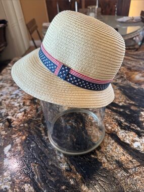 Beige womens Straw Hat with Star-Spangled Ribbon